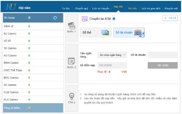 chuyển khoản kubet atm