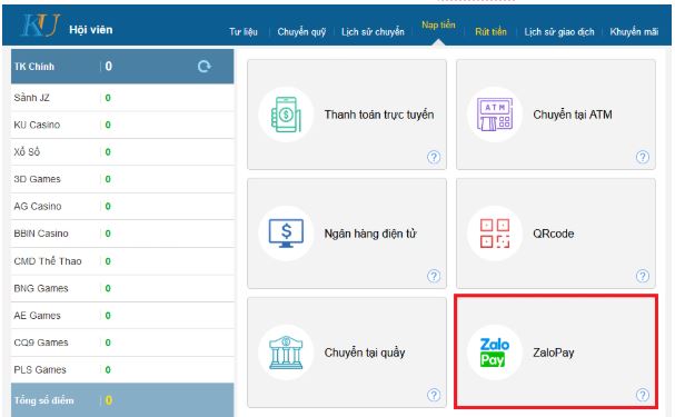 nạp kubet bằng zalopay
