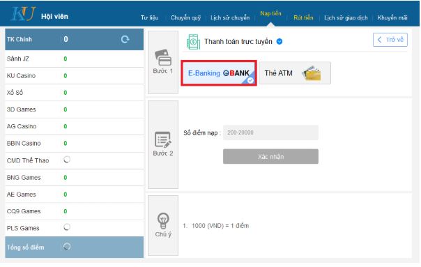 nạp tiền ku casino qua ebanking